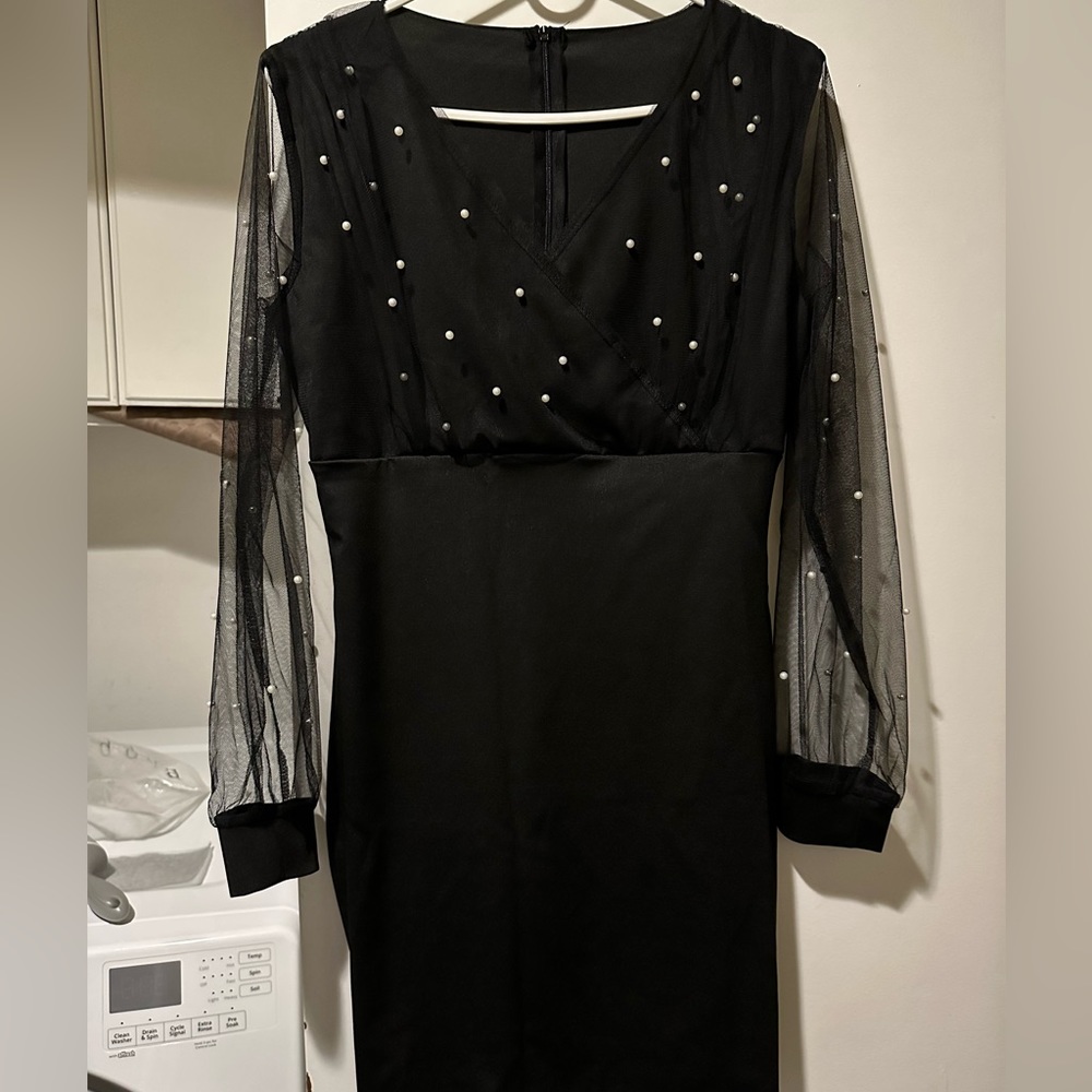 Black Cocktail Dress with Pearl Accents on mesh sleeves